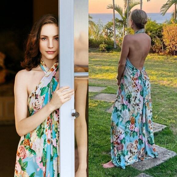 Cara Cara Marion Dress Twisted Open-Back Floral Halter Silk Chiffon Maxi Size XL - Picture 11 of 13